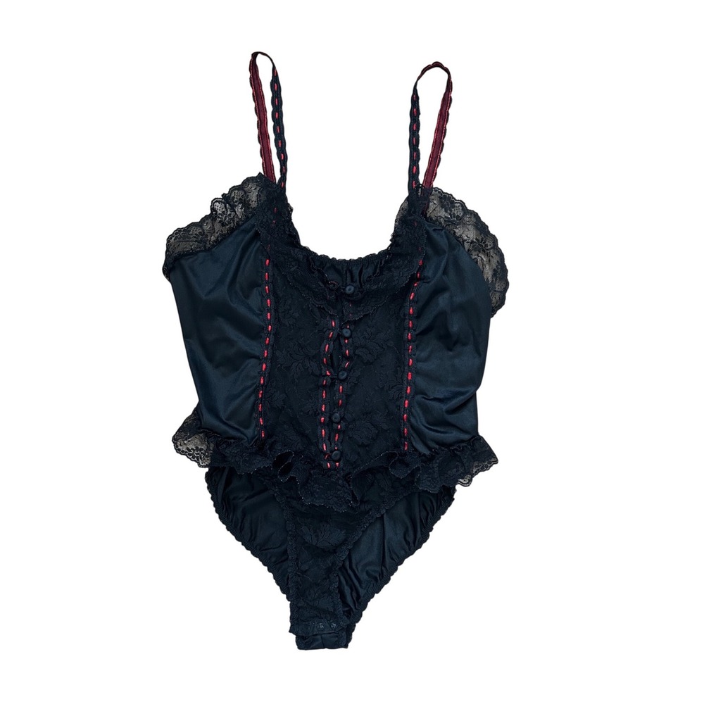 VTG Black Lace Bodysuit Red Ribbon Gothic Whimsigoth Fairygrunge Emo‎ Lingerie